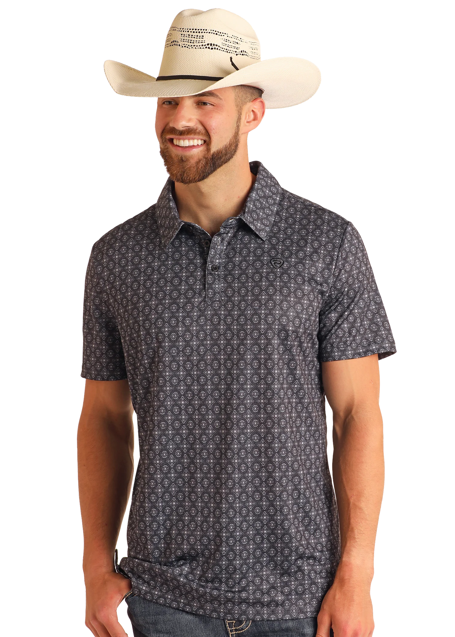 ROCK&ROLL GEO PRINTED POLO - BLACK