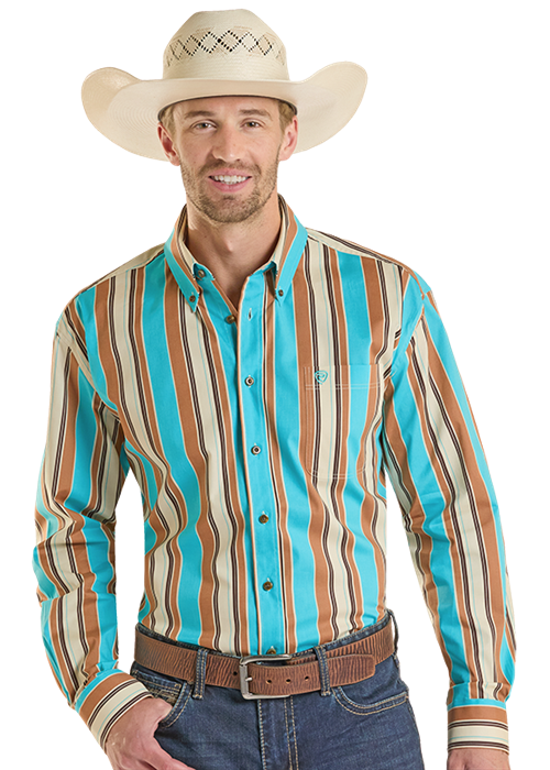 Rock&Roll Stripe Printed LS Button Down - Teal