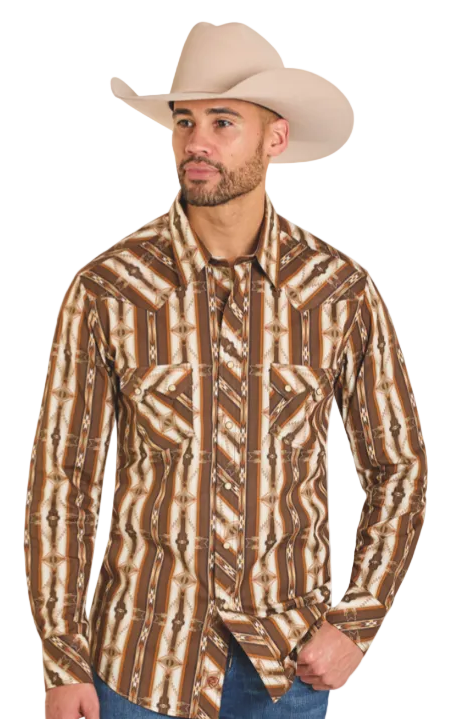 Rock&Roll Men's Aztec Print Long Sleeve Snap Shirt