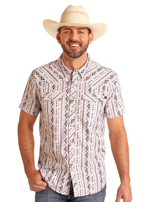 TEK Western White Striped Aztec Print Short Sleeve Shirt