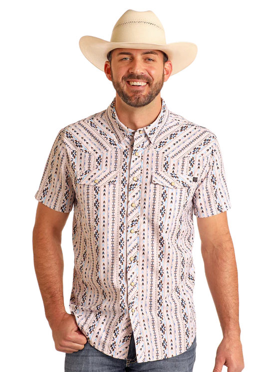 TEK Western White Striped Aztec Print Short Sleeve Shirt