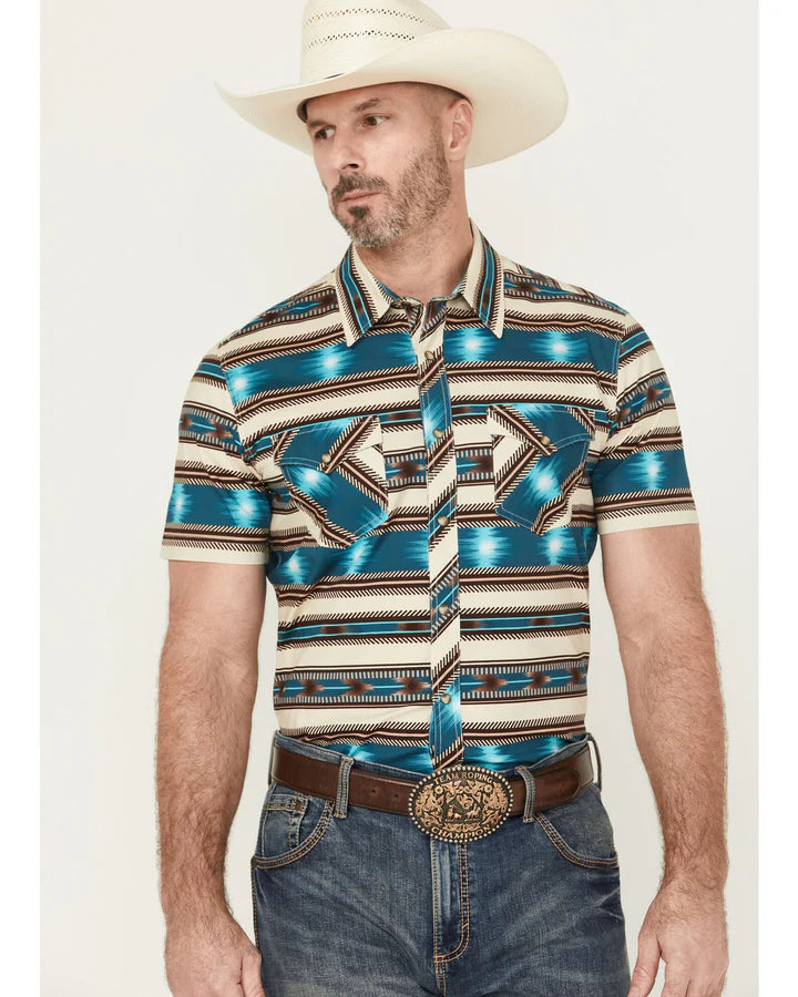 Rock&Roll Aztec Stripe Print SS Snap - Bright Turquoise