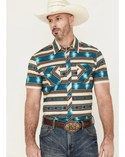Rock&Roll Aztec Stripe Print SS Snap - Bright Turquoise