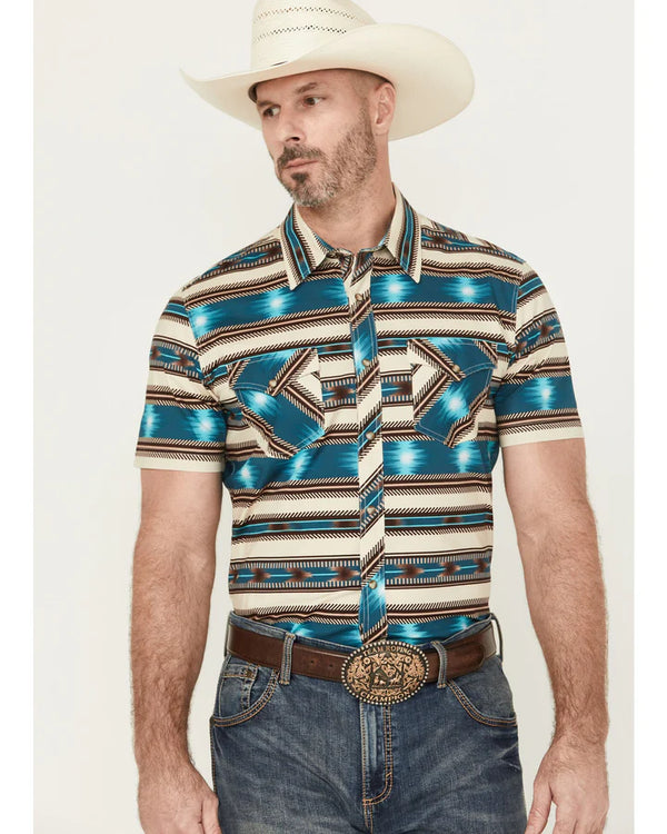 Rock&Roll Aztec Stripe Print SS Snap - Bright Turquoise