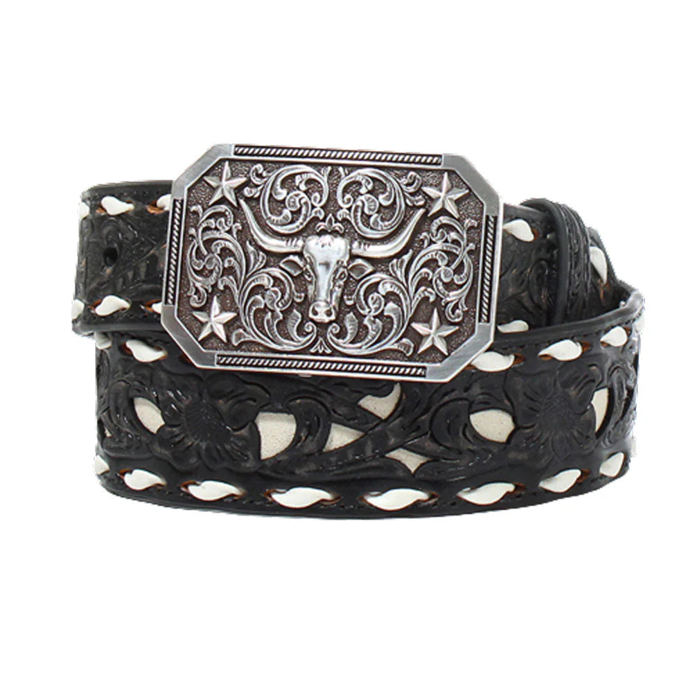 3D Boys Belt Bucklace with Square Steer Buckle Western Black