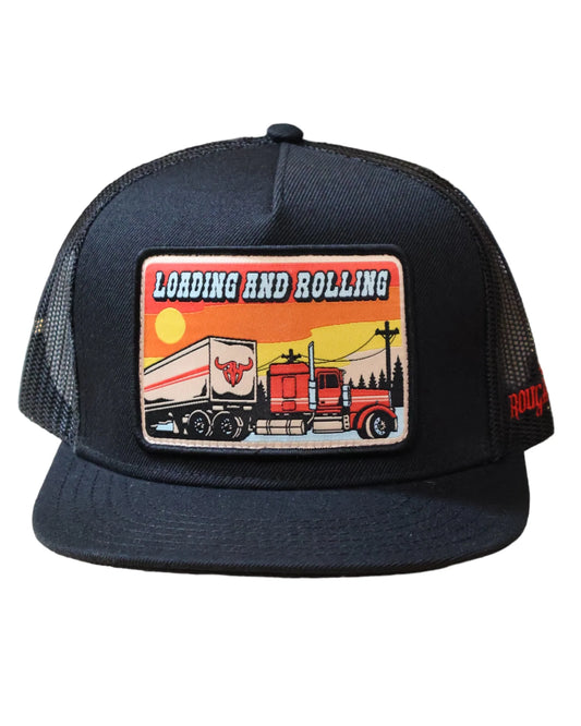 ROUGH HAND Flat Trucker Cap- “LOADING AND ROLLING” BLK/BLK MESH