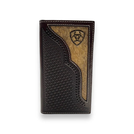 RODEO WALLET/CHECKBOOK COVER - BROWN COWHIDE BASKETWEAVE