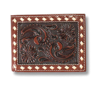 Ariat Wallet Bifold Leather Floral Buck Laced Stitch Brown Money Clip