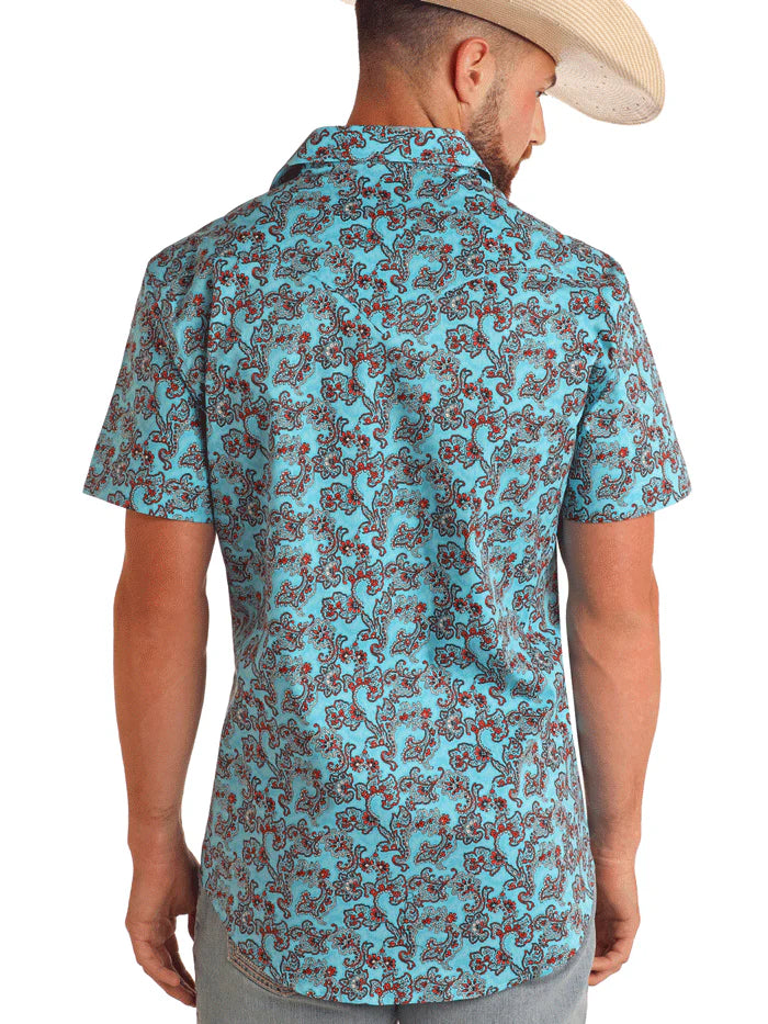 Rock&Roll Classic Fit Paisley Print SS Button - Bright Turquoise