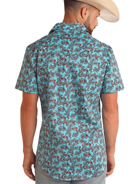 Rock&Roll Classic Fit Paisley Print SS Button - Bright Turquoise