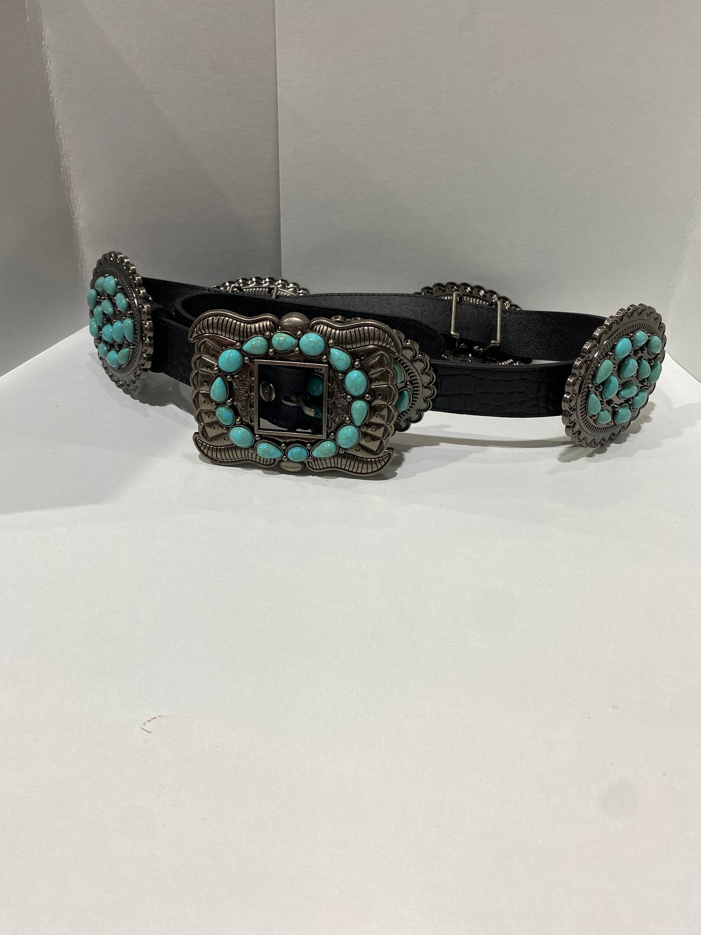 Black Gator Leather Oval Turquoise Concho Stone Belt