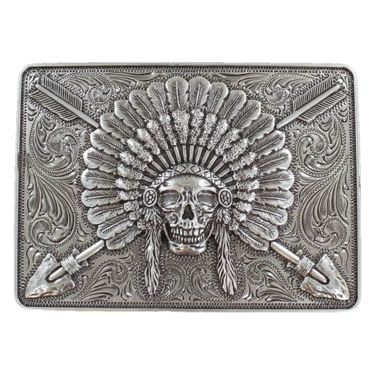 Ariat Indian Chief Skull Rectangle Silver Belt Buckle