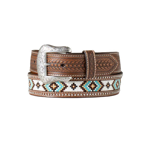 Nocona Men's 1 1/2" Arrow Basket Weave Beaded Inlay Brown Belt