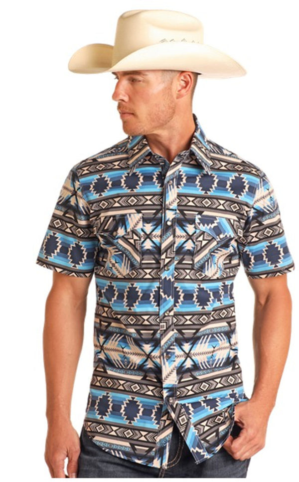 Rock&Roll Aztec Print SS Snap - Blue