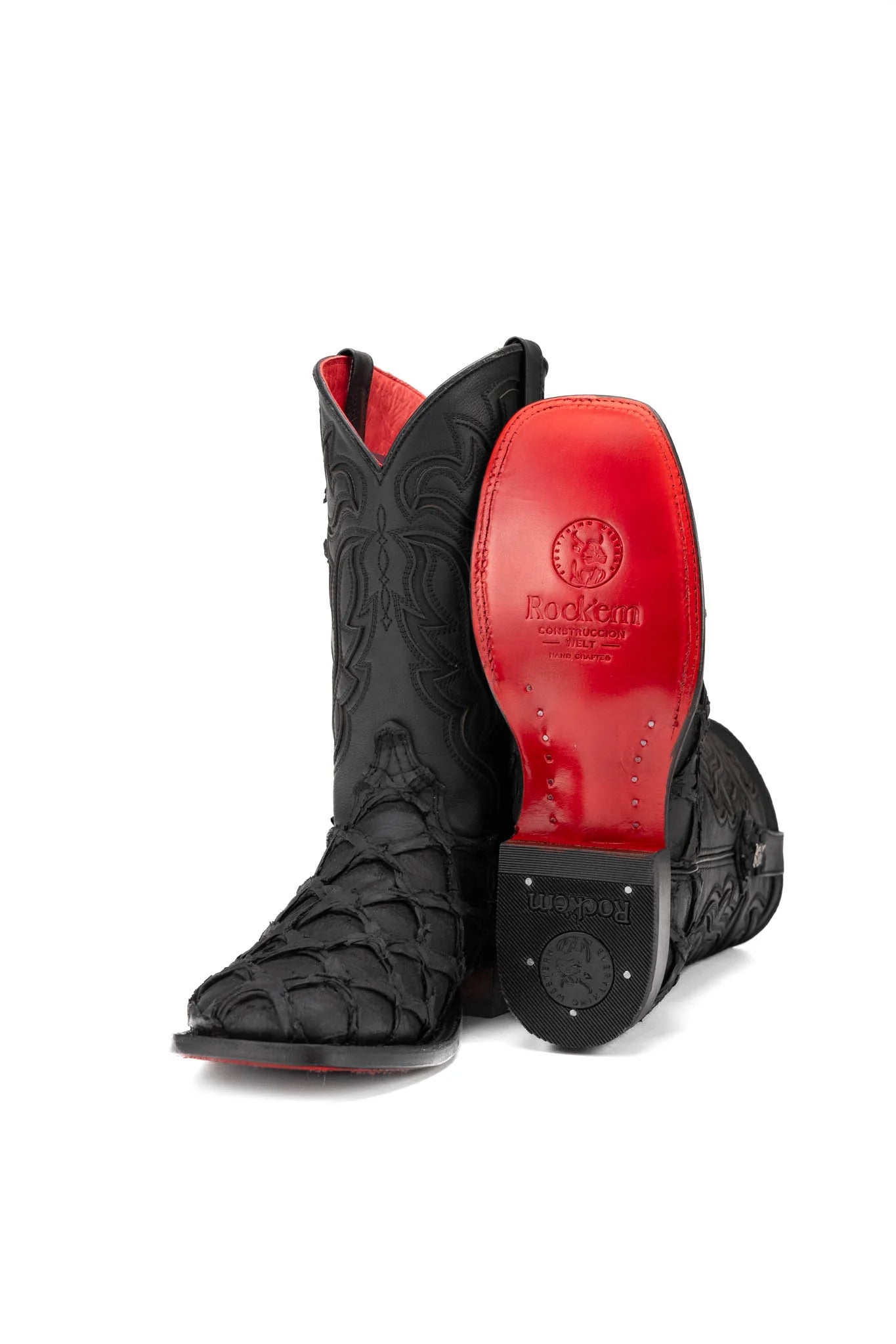 Rock’em Pirarucu Matte Black Red Bottom Square Toe Cowboy Boot