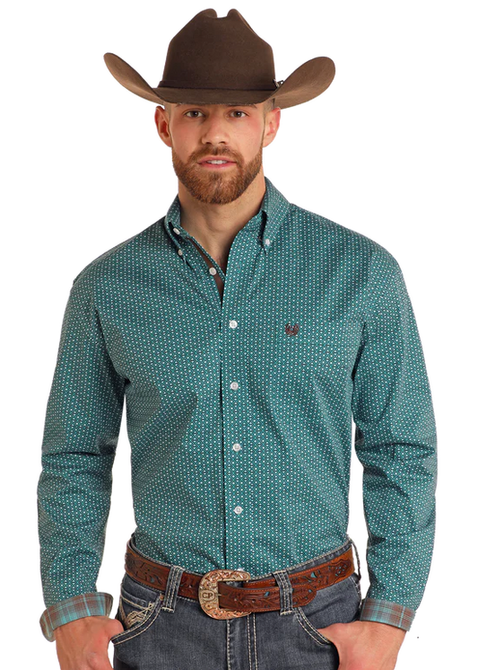 Panhandle Turquoise Geo Print Long Sleeve Button Down Shirt- Big & Tall