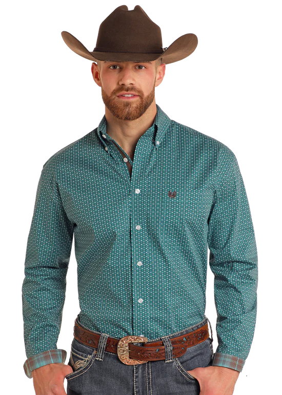 Panhandle Turquoise Geo Print Long Sleeve Button Down Shirt
