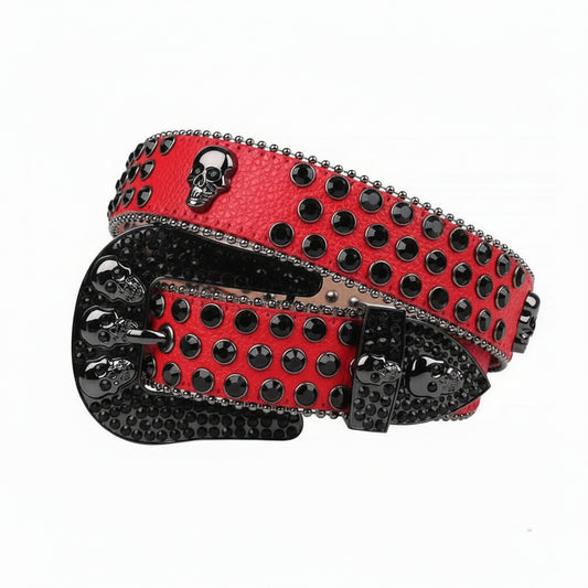 Red Strap With 7 Skulls Red & Black Studded Rhinestone Belt