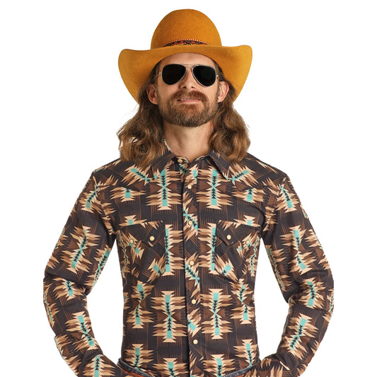 Rock&Roll Aztec Print Modern Fit LS Snap - Dark Brown