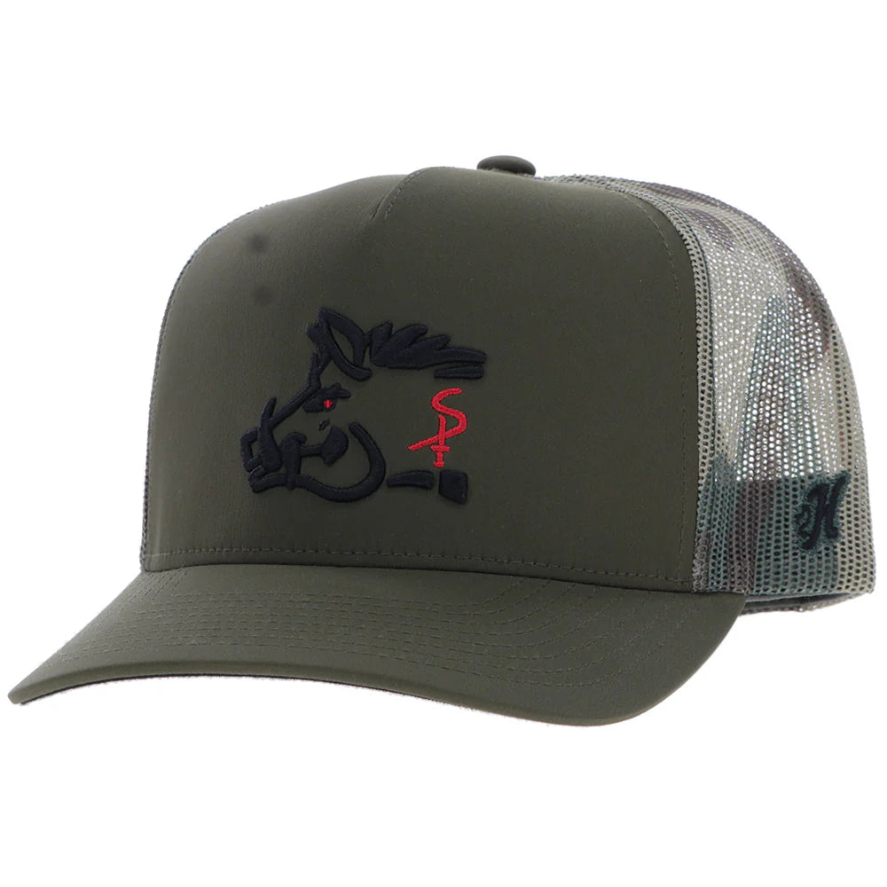 "Sniper Pig" Hat Olive & Camo w/Black & Red Stitching