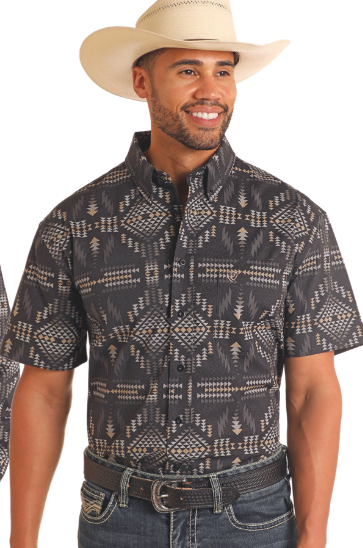 Rock&Roll Aztec Print SS Button - Black