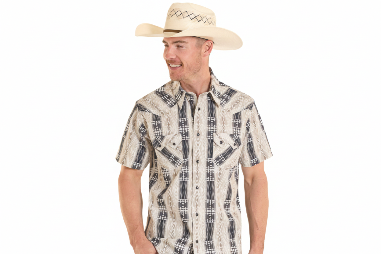 Rock&Roll Men's Aztec Stripe Print SS Snap Shirt