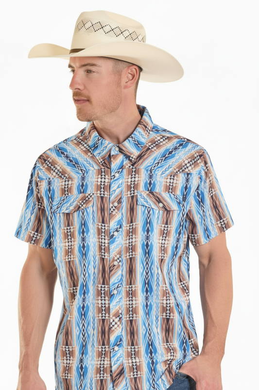 Rock&Roll Aztec Stripe Printed Tek Western SS Snap Shirt