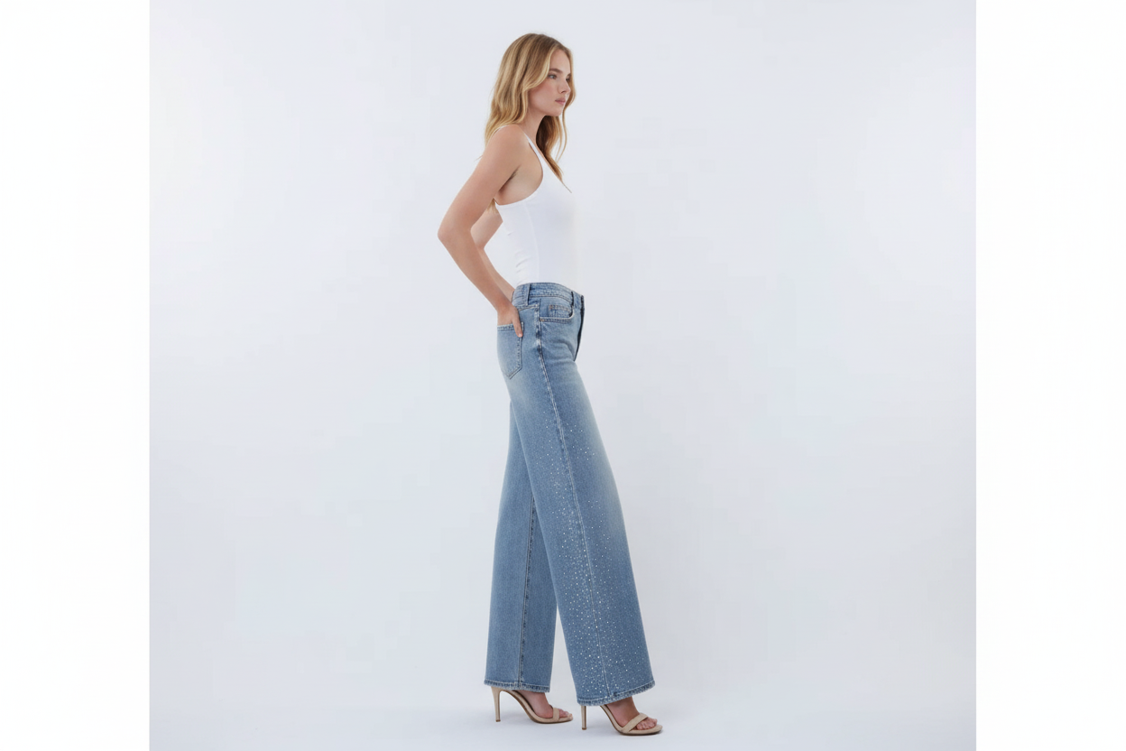 Vervet Olivia High Rise Rhinestone Wide Leg Jeans