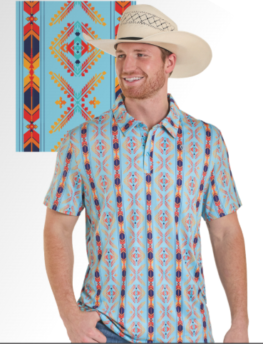 ROCK & ROLL BRIGHT TURQUOISE AZTEC PRINT POLO