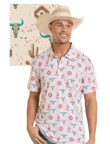 ROCK & ROLL NATURAL SKULL AZTEC PRINTED POLO