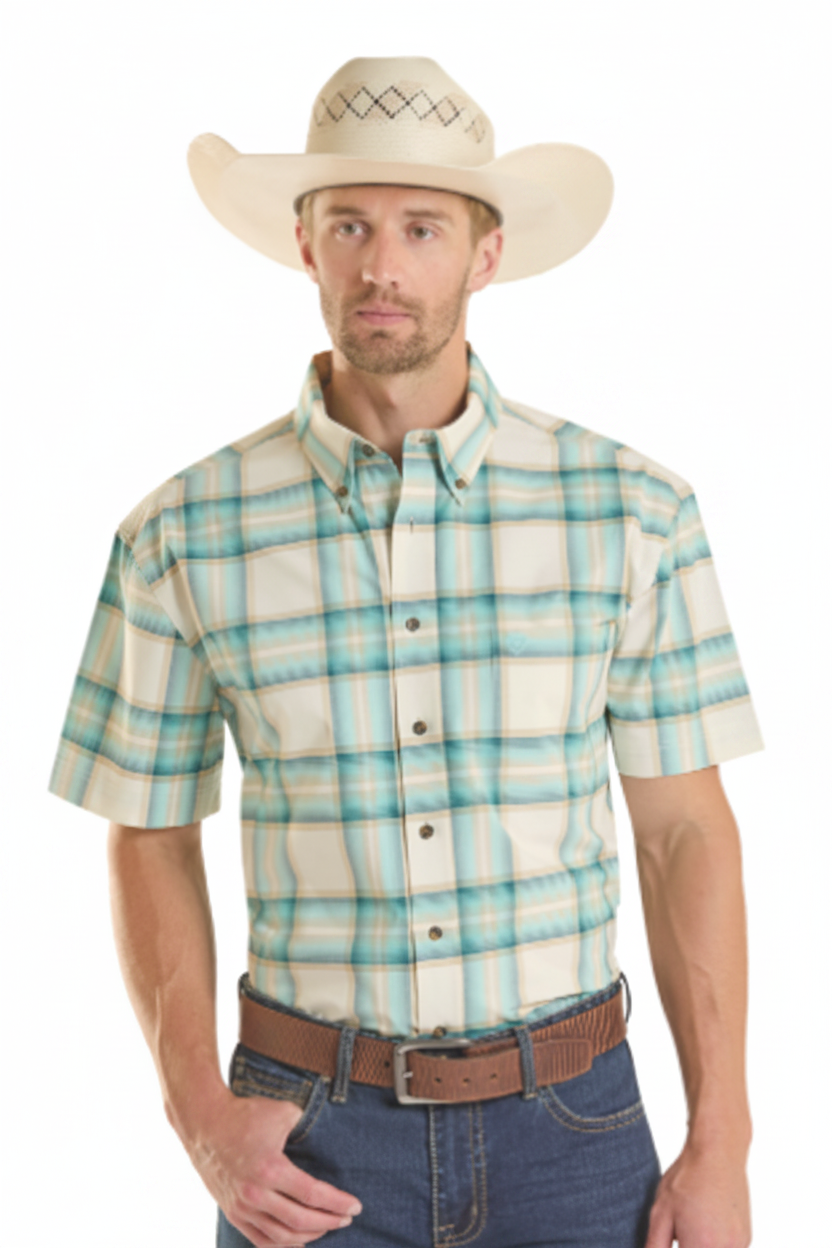 Men's Rock&Roll Yarn DYE Plaid SS Button Down Shirt