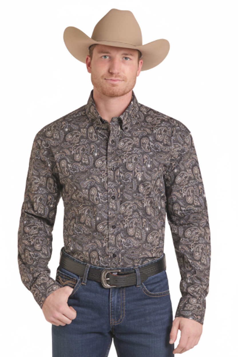 Men's Rock&Roll Long Sleeve Button Down Paisley Pint Shirt