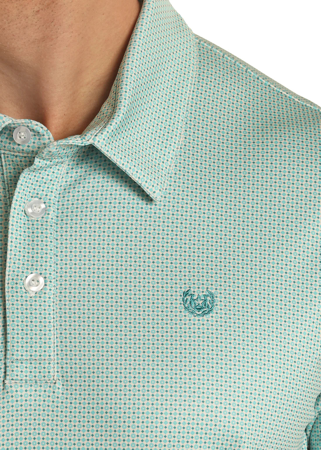 PANHANDLE SS DITZY GEOBD KNIT POLO - TURQUOISE