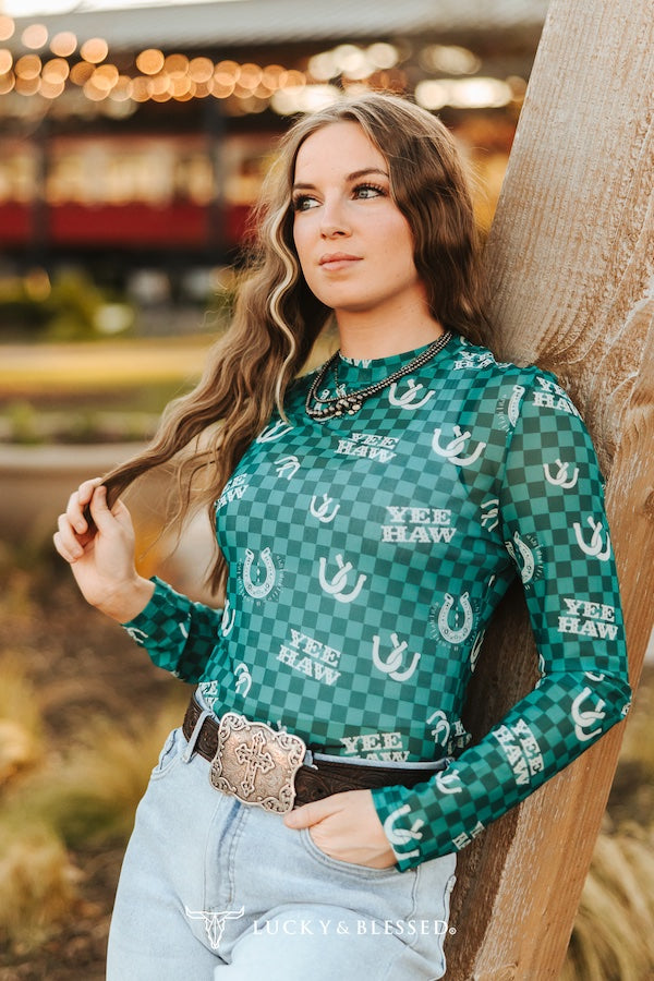 Lucky & Blessed: Teal Checkered Horse Shoe Printed Long Sleeve Mesh Top