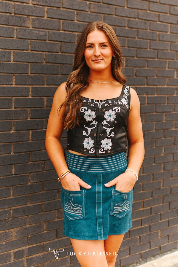 Lucky & Blessed: Black Metal Floral Embroidered Corset Top