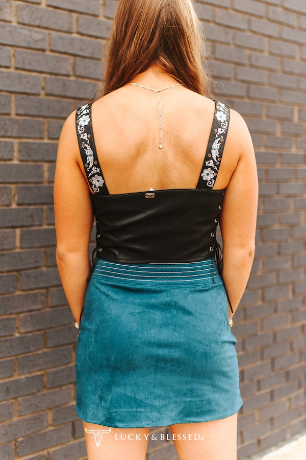 Lucky & Blessed: Black Metal Floral Embroidered Corset Top