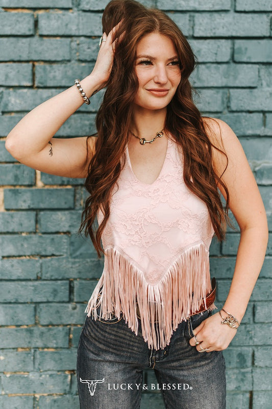 Lucky & Blessed: Soft Pink Lace Fringe Hem Halter Top