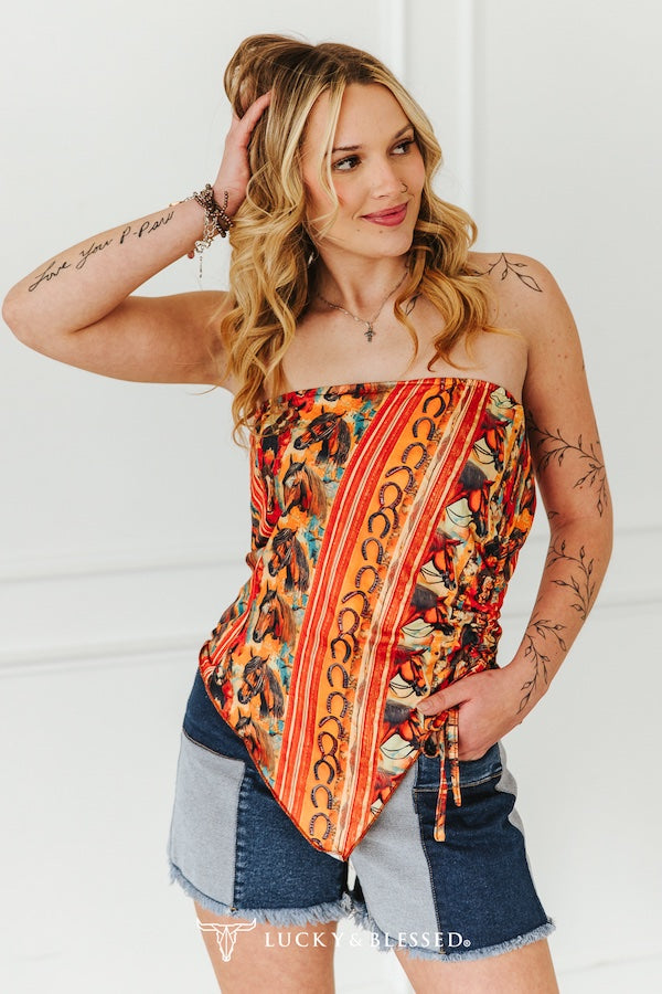 Women's Horse Printed Asymmetrical Strapless Ruched Front Tie Top