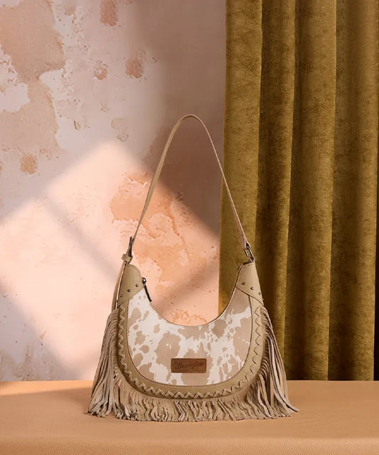 Wrangler Cow-Print Fringe Hobo Bag