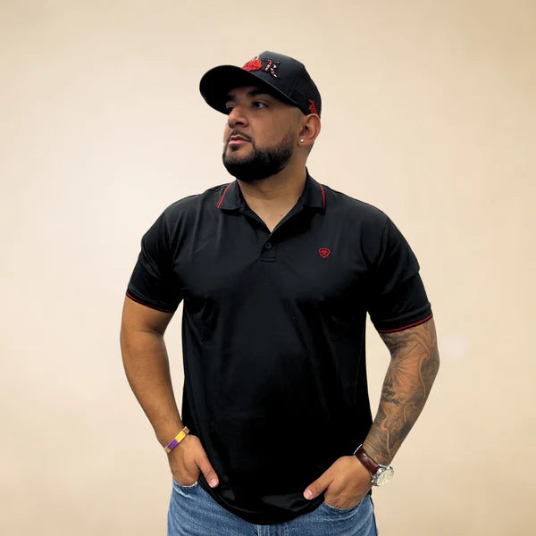 Men's Ariat Tek APS Logo SMU SS Black/Red Polo