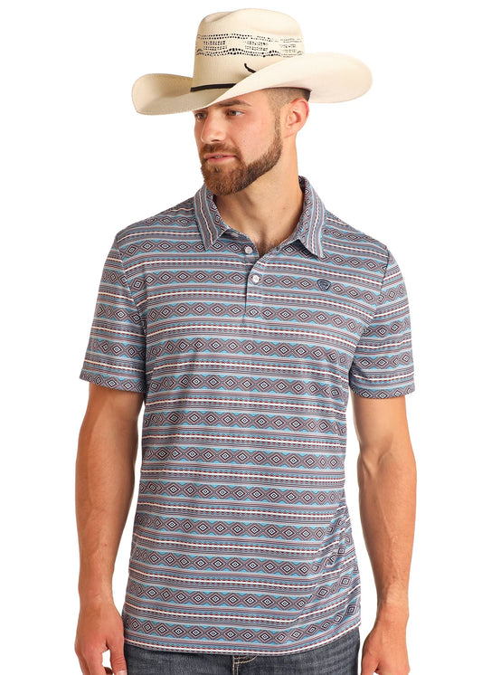 ROCK&ROLL RR AZTEC PRINTED POLO - BLUE