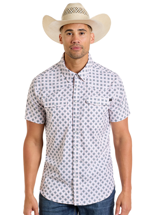 Rock & Roll Denim Geo Print Tek Western Snap - Natural