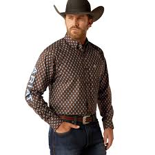 Ariat Team Oak Brown/ Light Blue LS SHRT