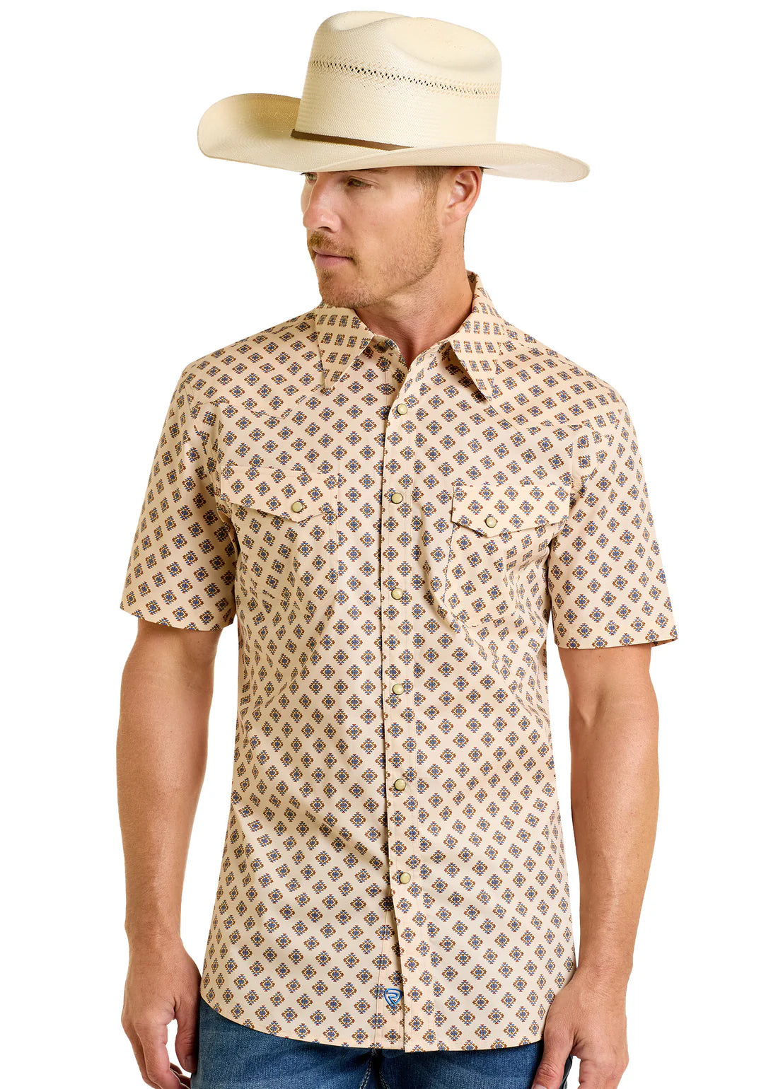 Rock&Roll Geo Print SS Snap - Tan