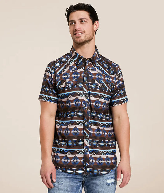 Rock&Roll Aztec Print Tek SS Snap - Brown/Blue