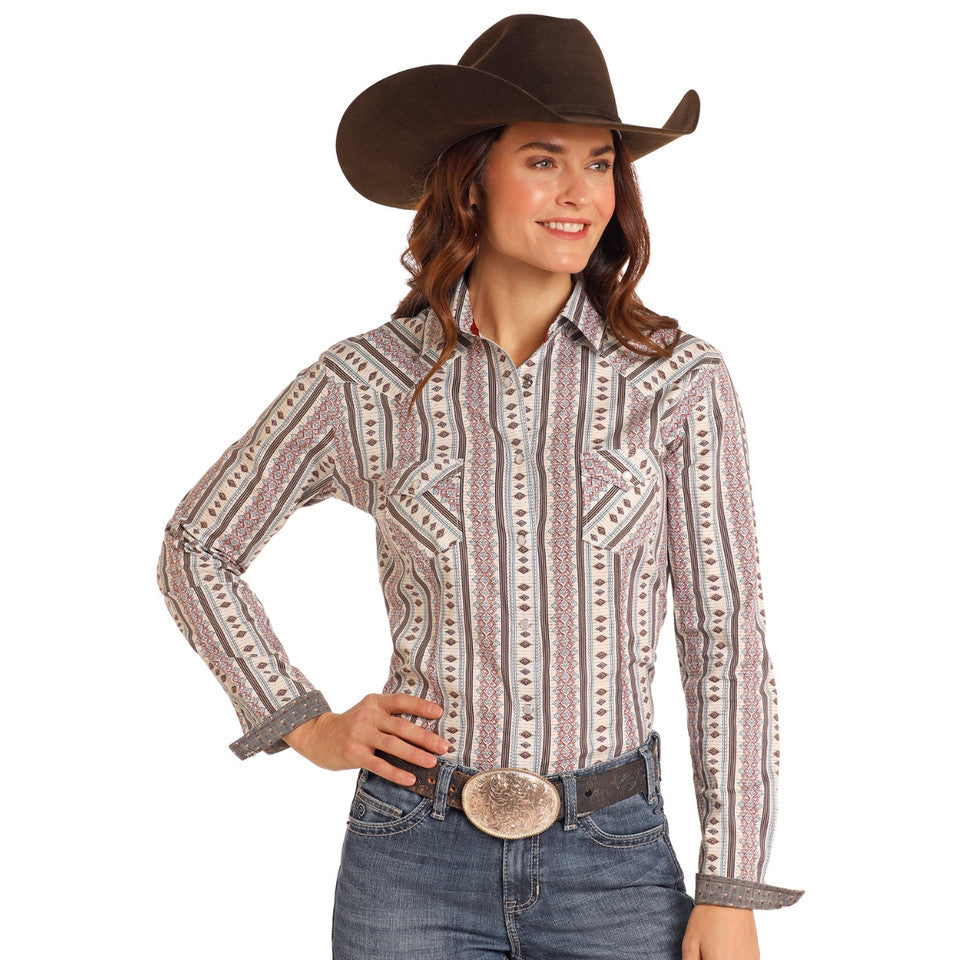 Pandhandle Ladies Southwestern Striped Long Sleeve Snap Stretch Western Shirt