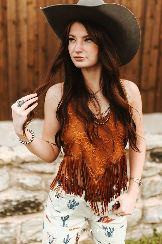 Lucky & Blessed: Camel Lace Fringe Hem Halter Top