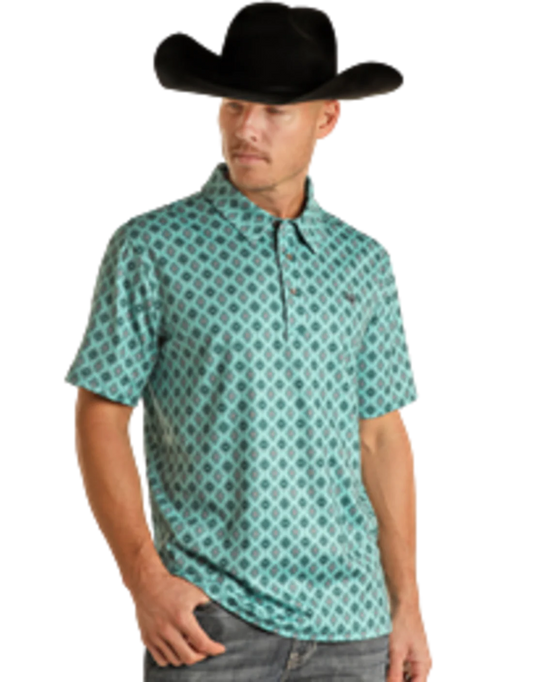 PANHANDLE SS MEDALLION SNAP KNIT POLO - TURQUOISE