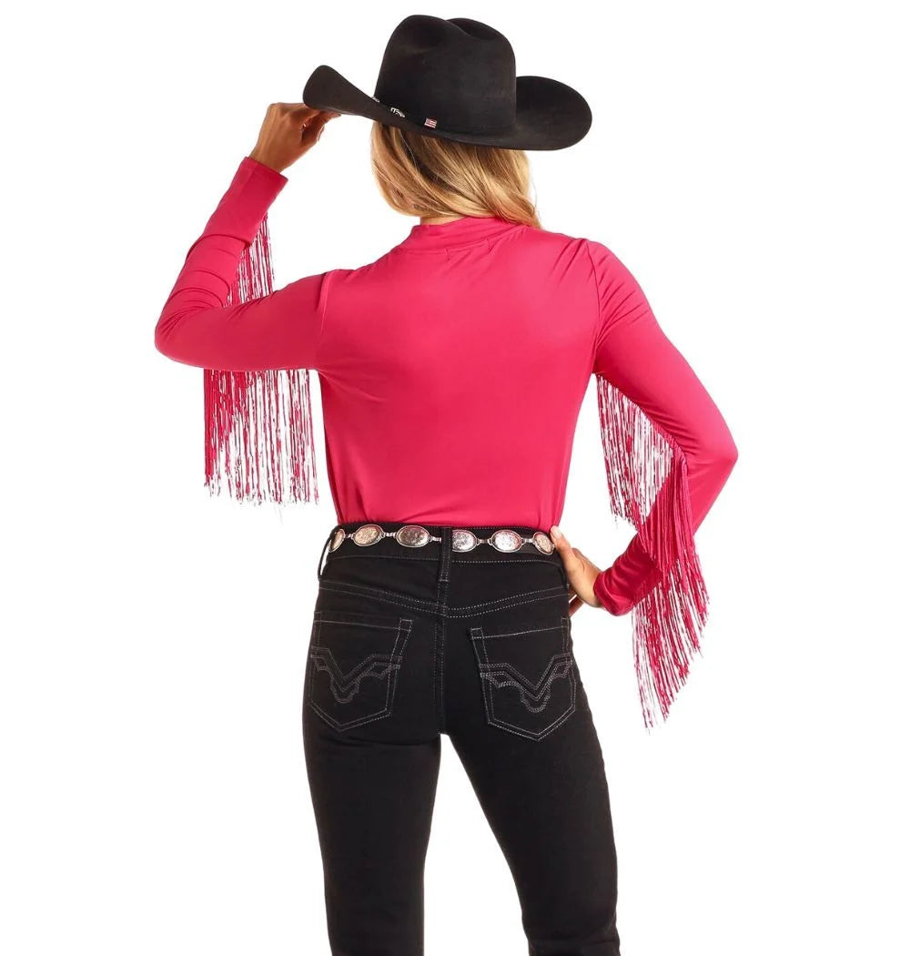 Rock & Roll Denim Women's Hot Pink Mock Neck Top With Fringe