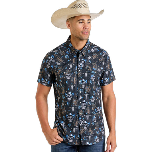 Rock&Roll Skull Print TEK Western Snap SS– Charcoal